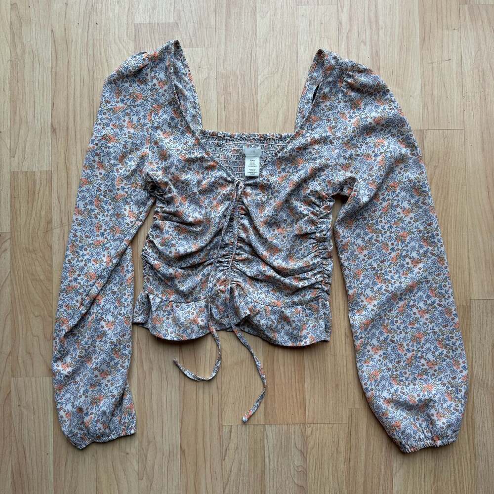 H&M Floral Long Sleeve Shirred Blouse Top Square Neck Boho